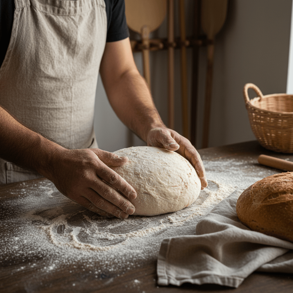 Baker's flour-dusted hands shaping sourdough dough on wooden surface with soft morning light Baker's flour-dusted hands shaping sourdough dough on wooden surface with soft morning light