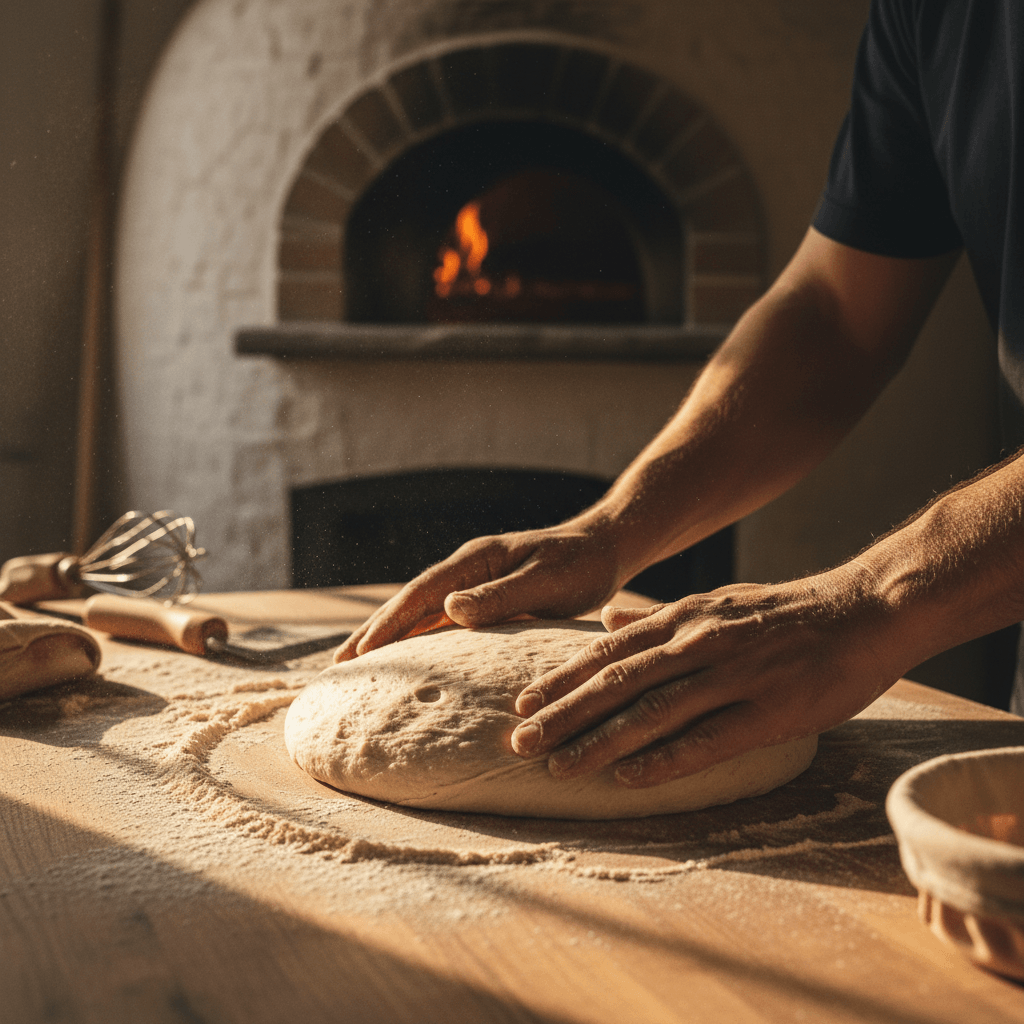 Baker's hands shaping fresh sourdough dough on floured wooden surface with natural morning light Baker's hands shaping fresh sourdough dough on floured wooden surface with natural morning light